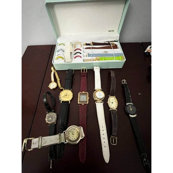 Lot 8 Quartz Watches & box of bands 4 parts repair inc Wittnauer S
